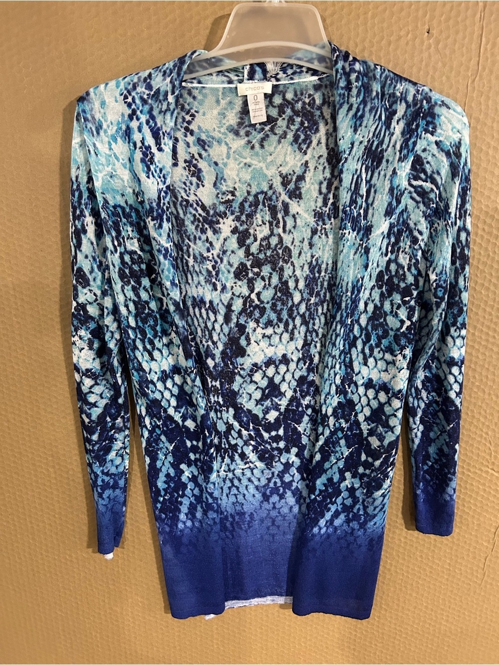 Chico's Blue Aqua Snake-Print Open Cardigan